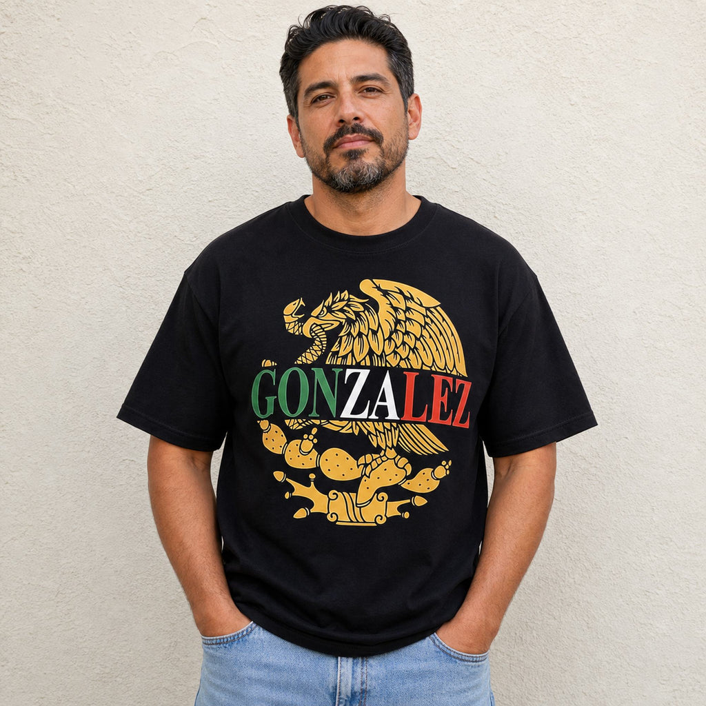 Black Gonzalez Mexican heritage eagle graphic tee front print male model