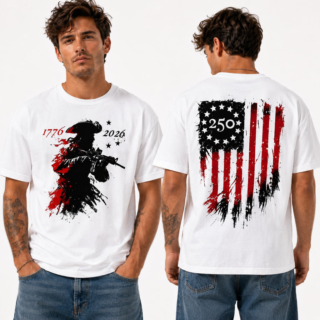America 250th Anniversary patriotic graphic tee white front and back male model