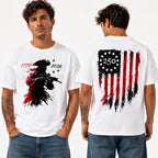 America 250th Anniversary patriotic graphic tee white front and back male model