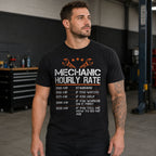 Mechanic Hourly Rate funny mechanic graphic tee black front print male model