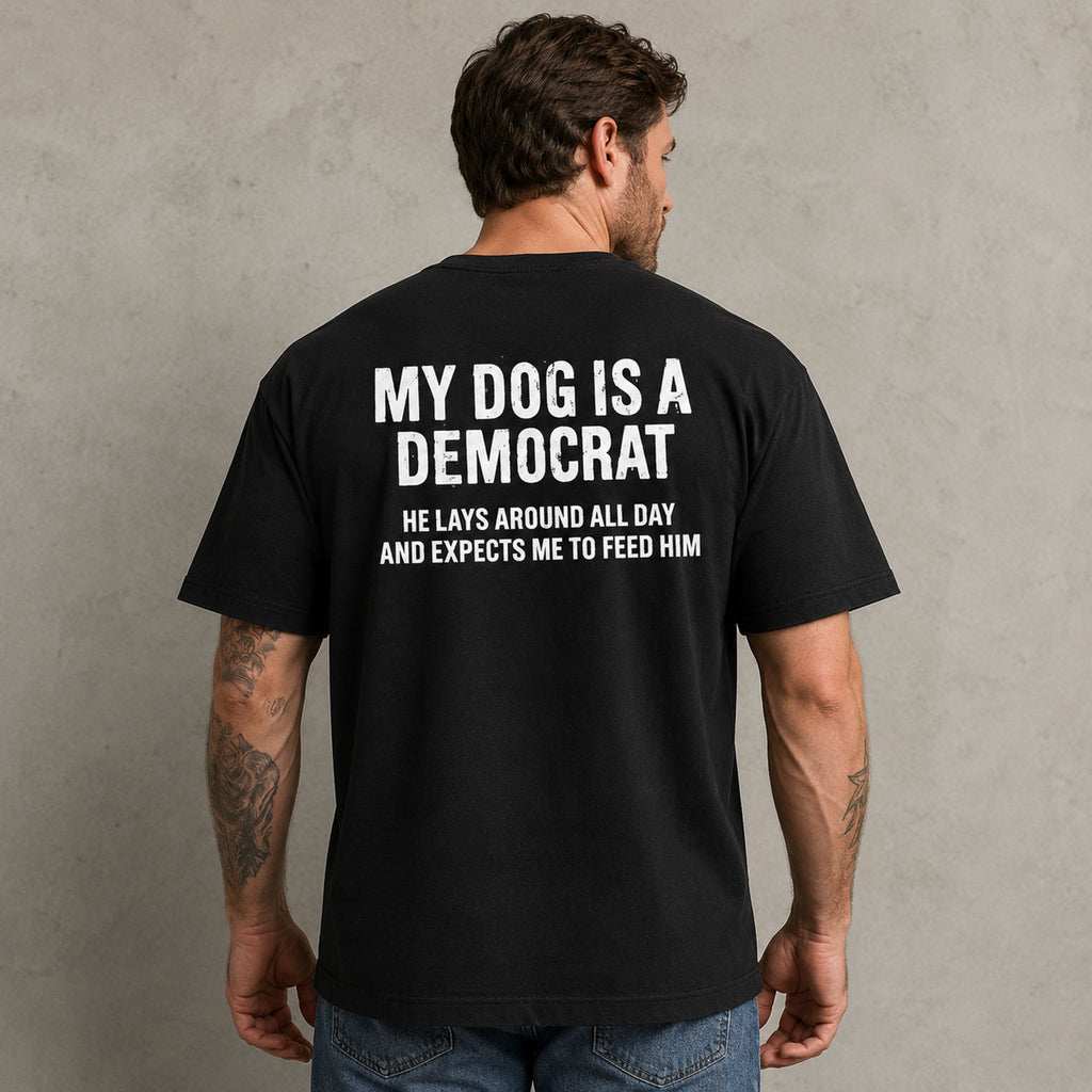 My Dog Is A Democrat funny political dog graphic tee black back model