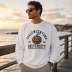 Halloweentown University pumpkin graphic sweatshirt white front lifestyle model