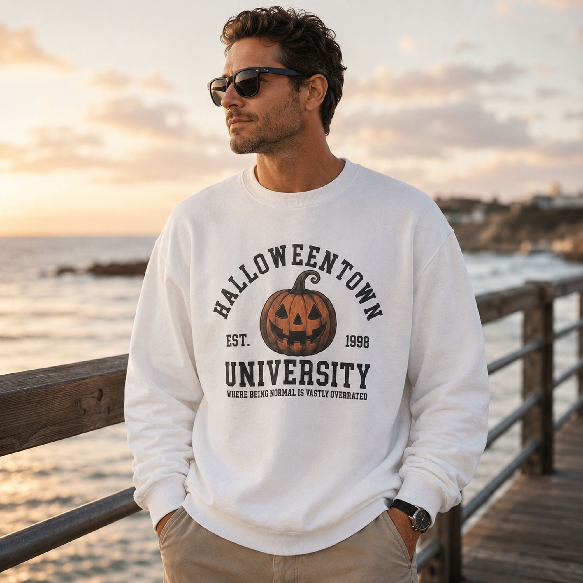 Halloweentown University pumpkin graphic sweatshirt white front lifestyle model