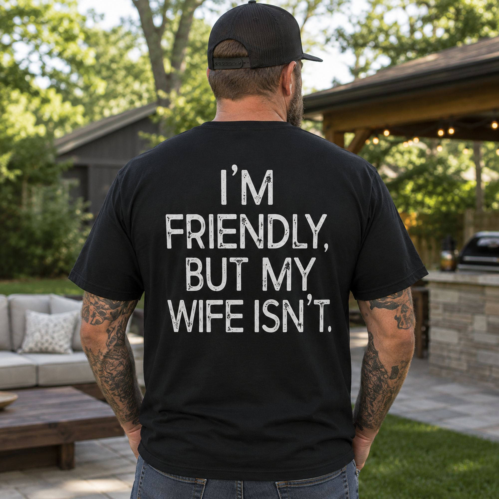 I'm Friendly But My Wife Isn't funny back print graphic tee black model rear view