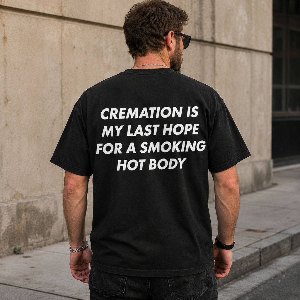 Cremation Last Hope funny back print graphic tee black male model
