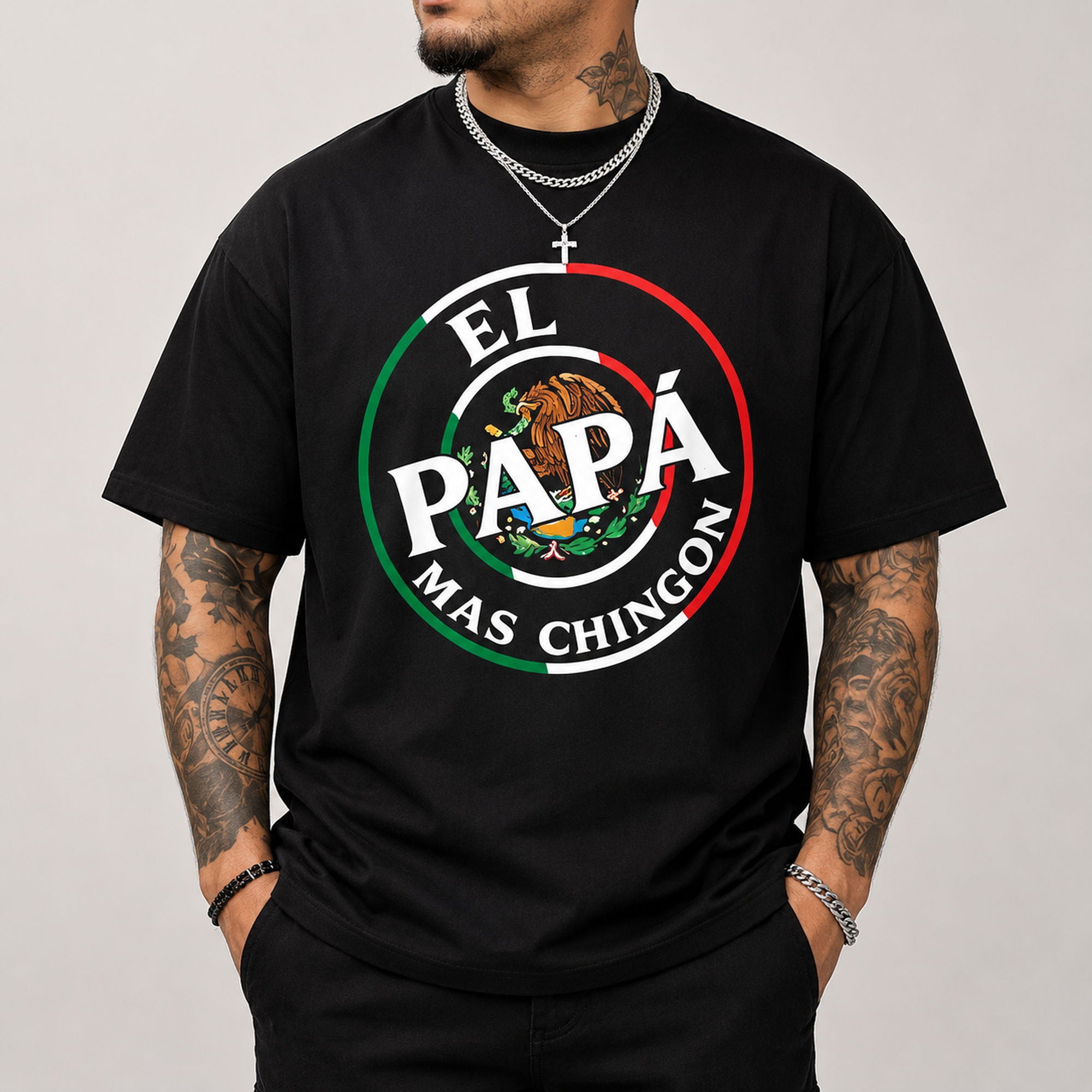 El Papa Mas Chingon funny dad graphic tee black front model