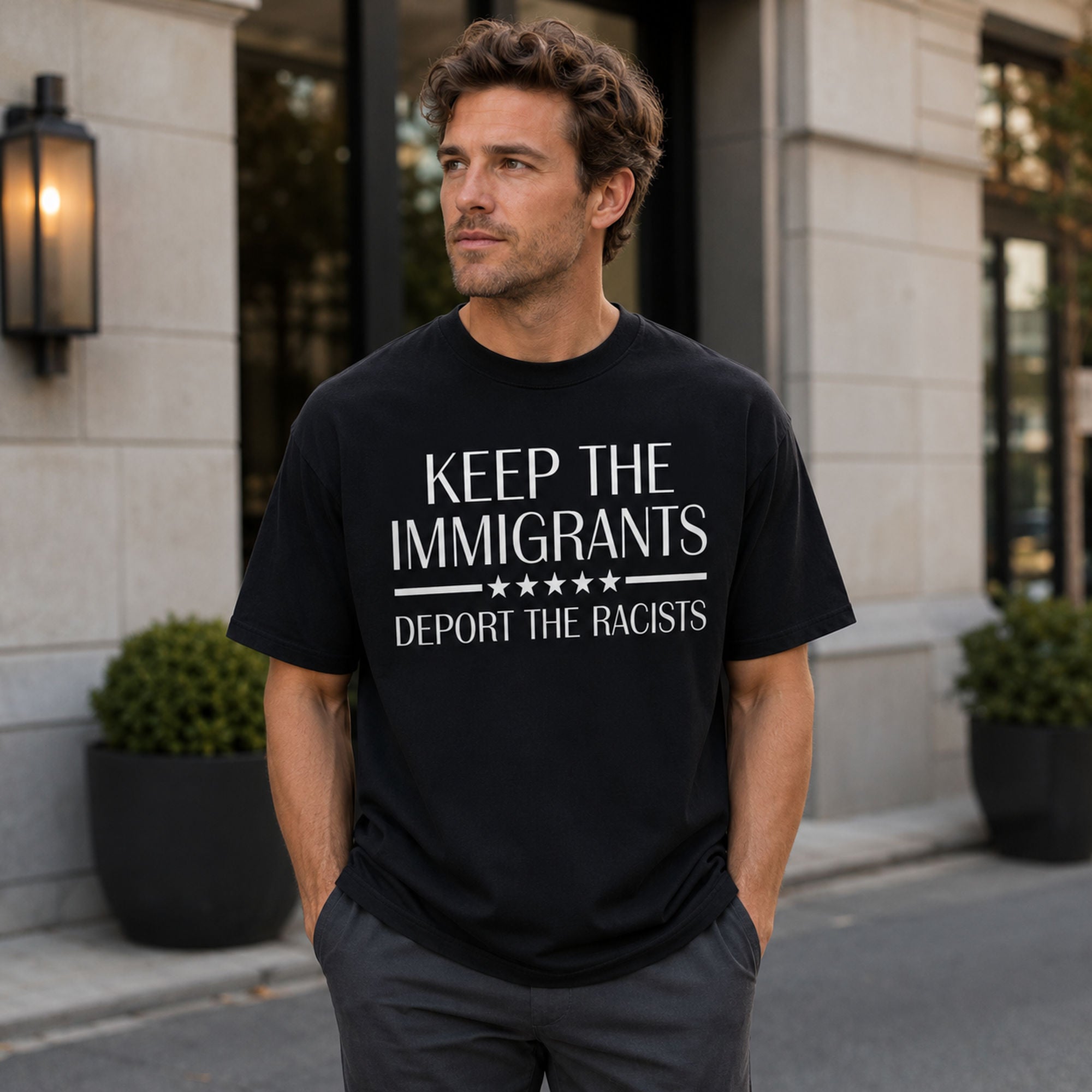 Keep The Immigrants Deport The Racists Statement Graphic Tee front print product photo 01 | Diya Glow