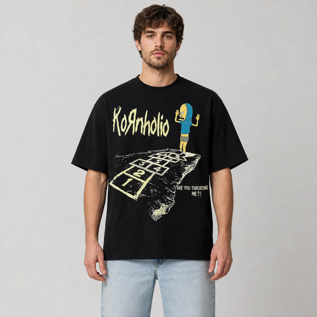 Black Kornholio hopscotch funny graphic tee front print male model