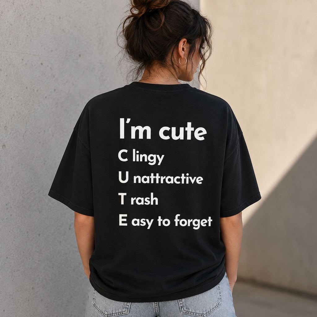 I'm Cute acronym funny graphic tee black back print lifestyle model