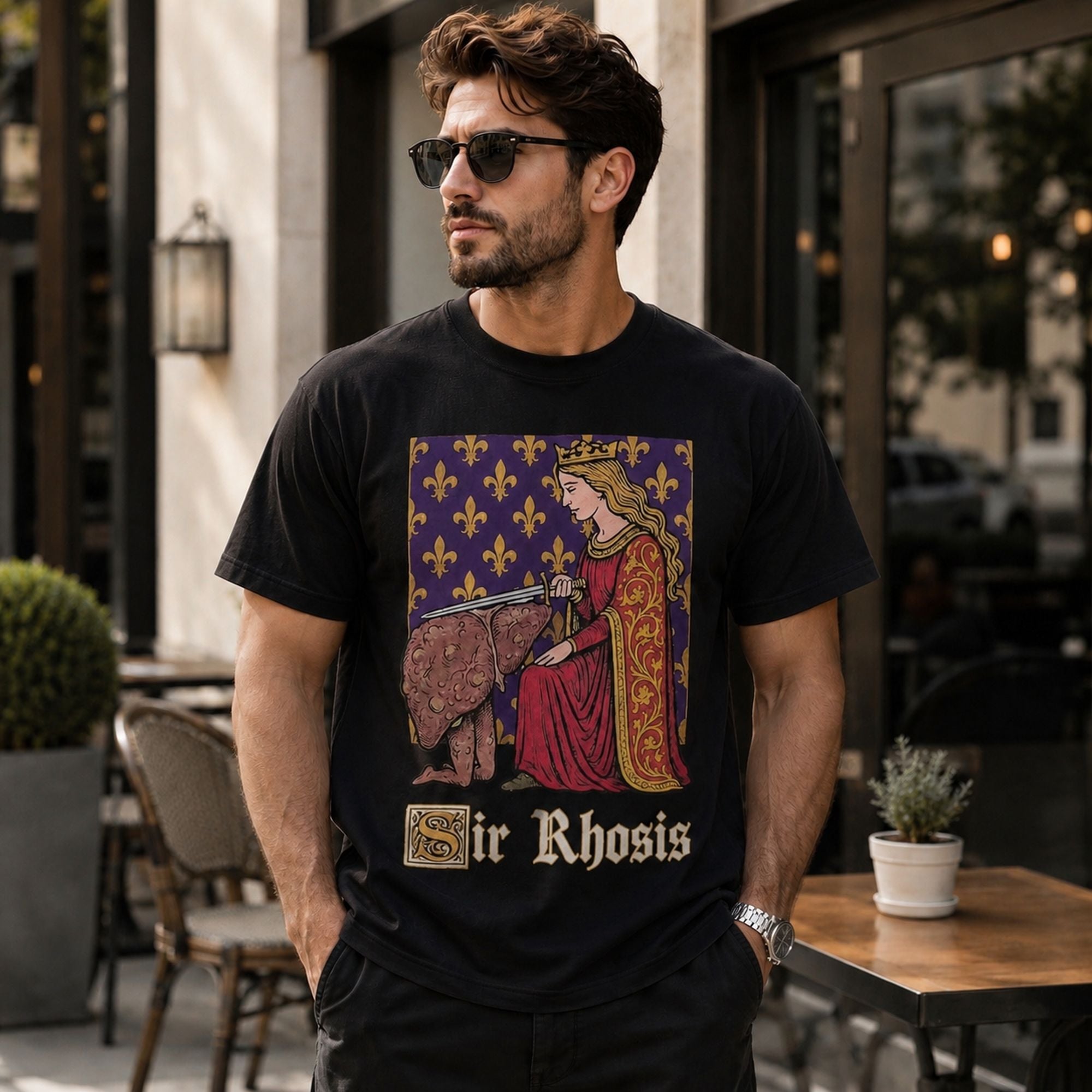 Sir Rhosis Funny Graphic Tee front print product photo 02 | Diya Glow