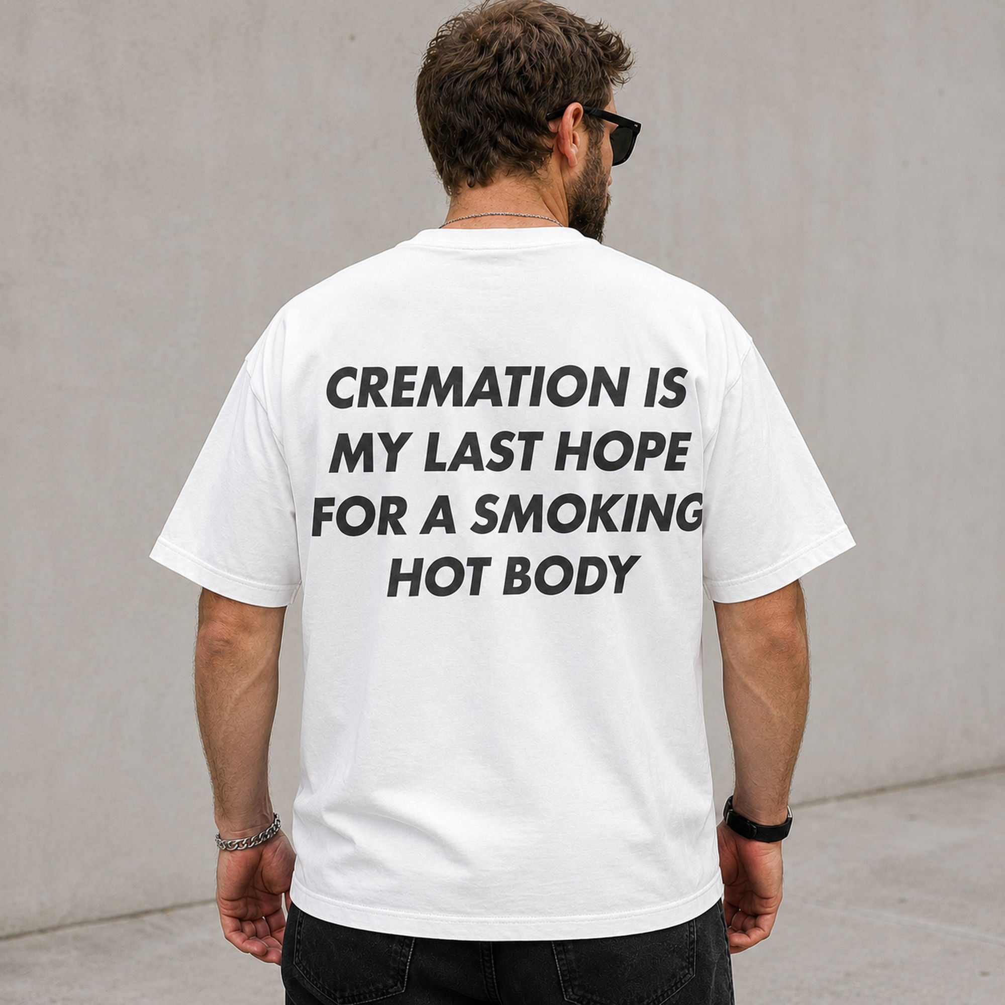 Cremation Last Hope funny back print graphic tee white male model