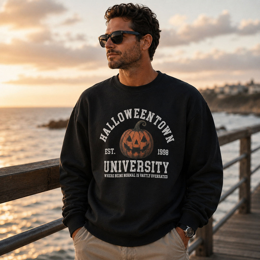 Halloweentown University pumpkin graphic sweatshirt black front lifestyle model