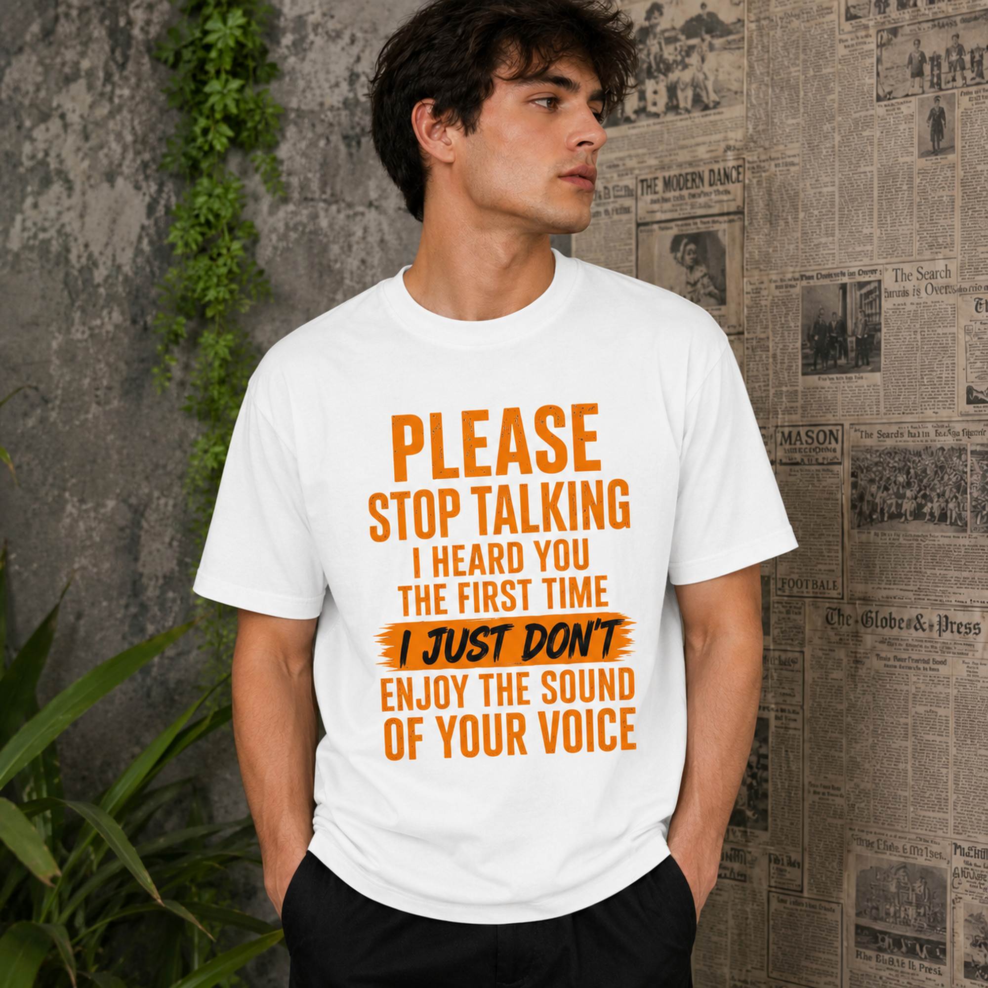 Please Stop Talking funny graphic tee white front male model