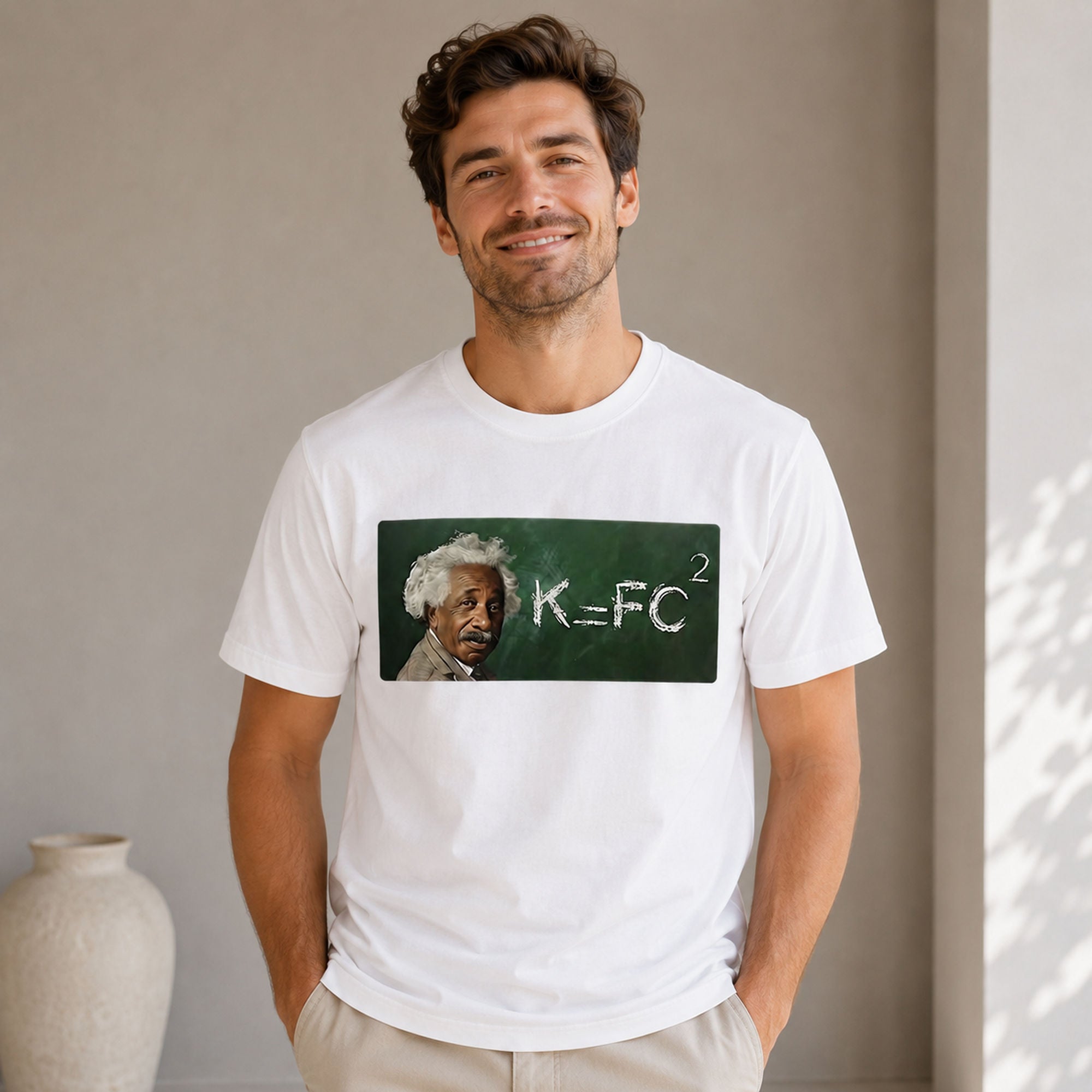 K FC Squared funny science graphic tee white front male model