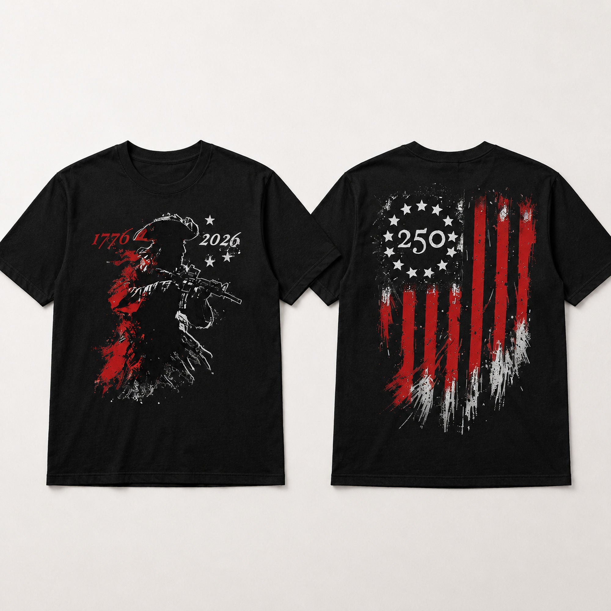 America 250th Anniversary patriotic graphic tee black front and back flat lay