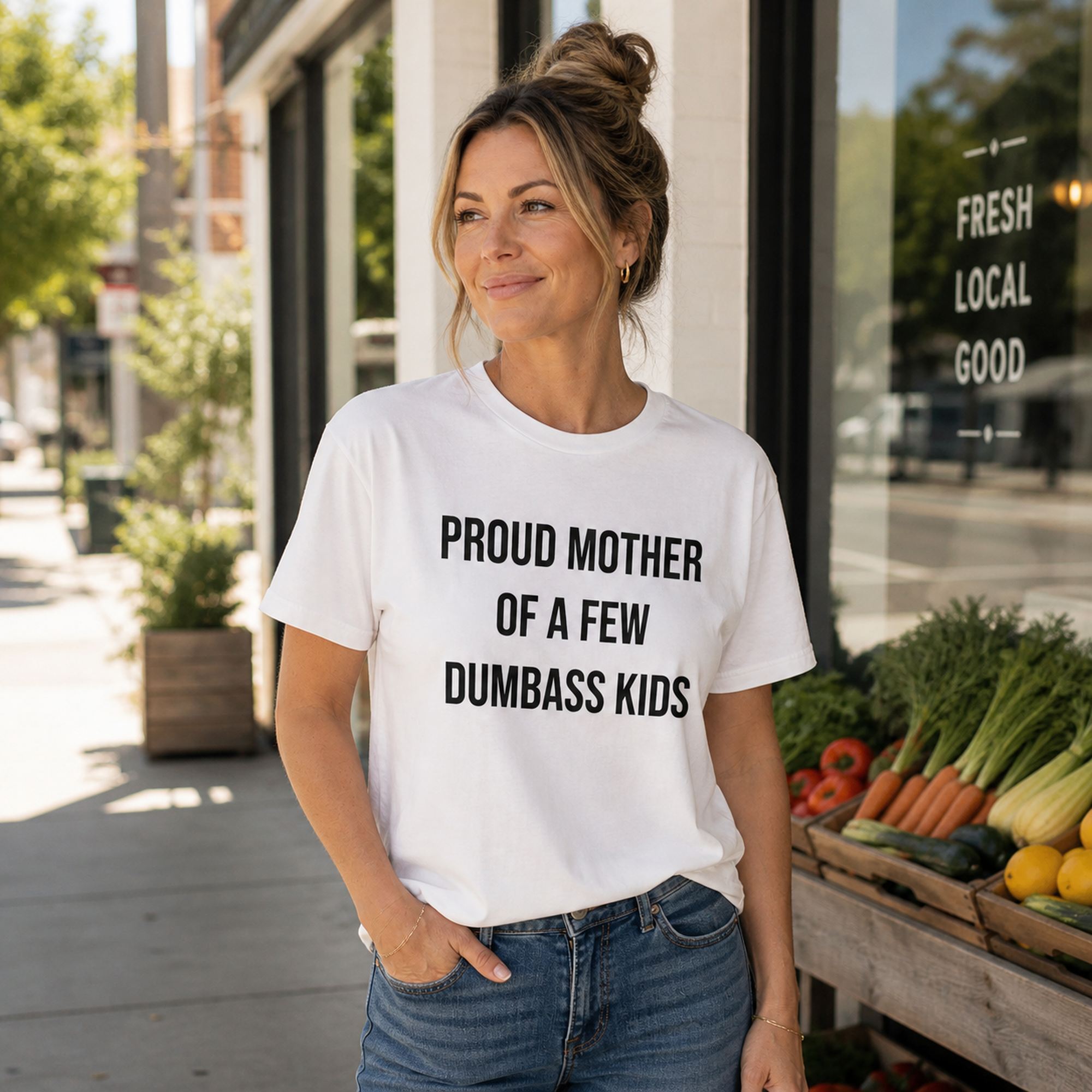 Proud Mother Of A Few Dumbass Kids Funny Graphic Tee front print product photo 02 | Diya Glow