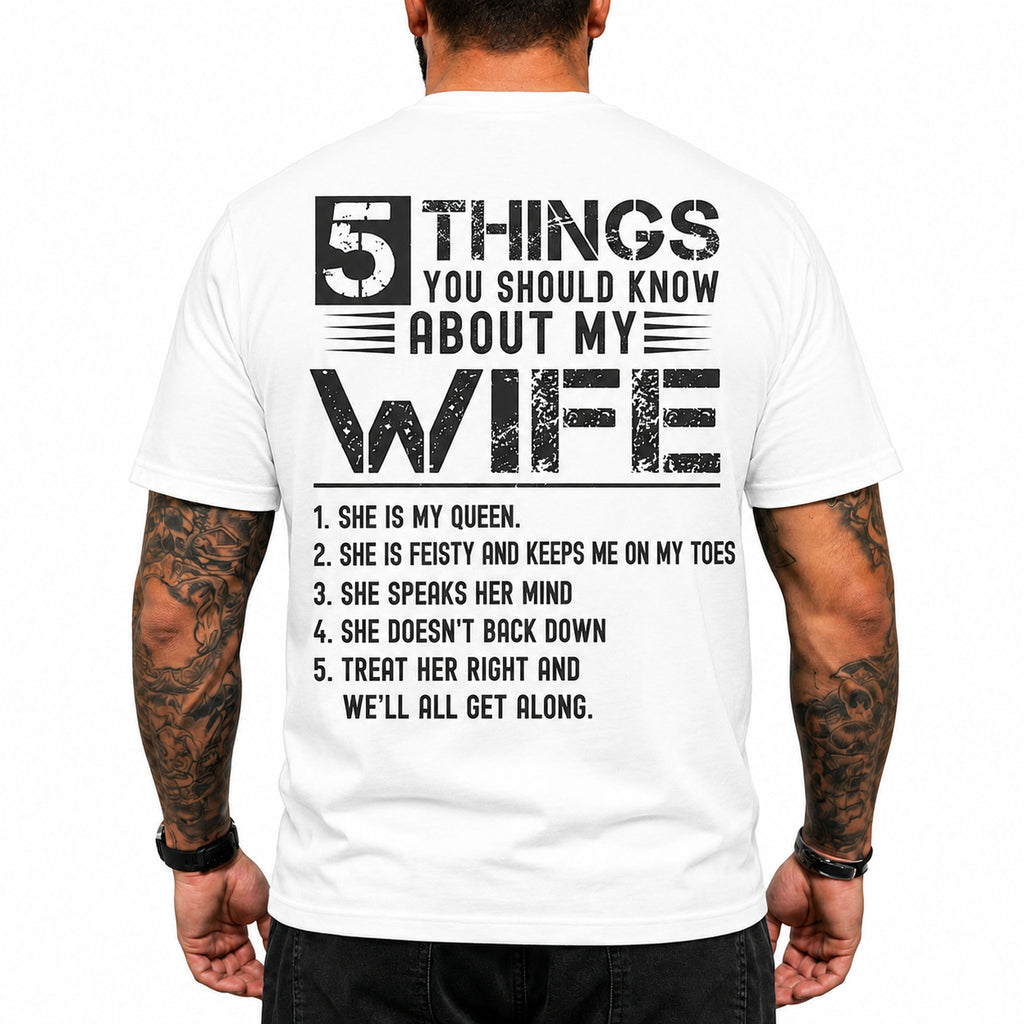 5 Things About My Wife funny back print graphic tee white back model