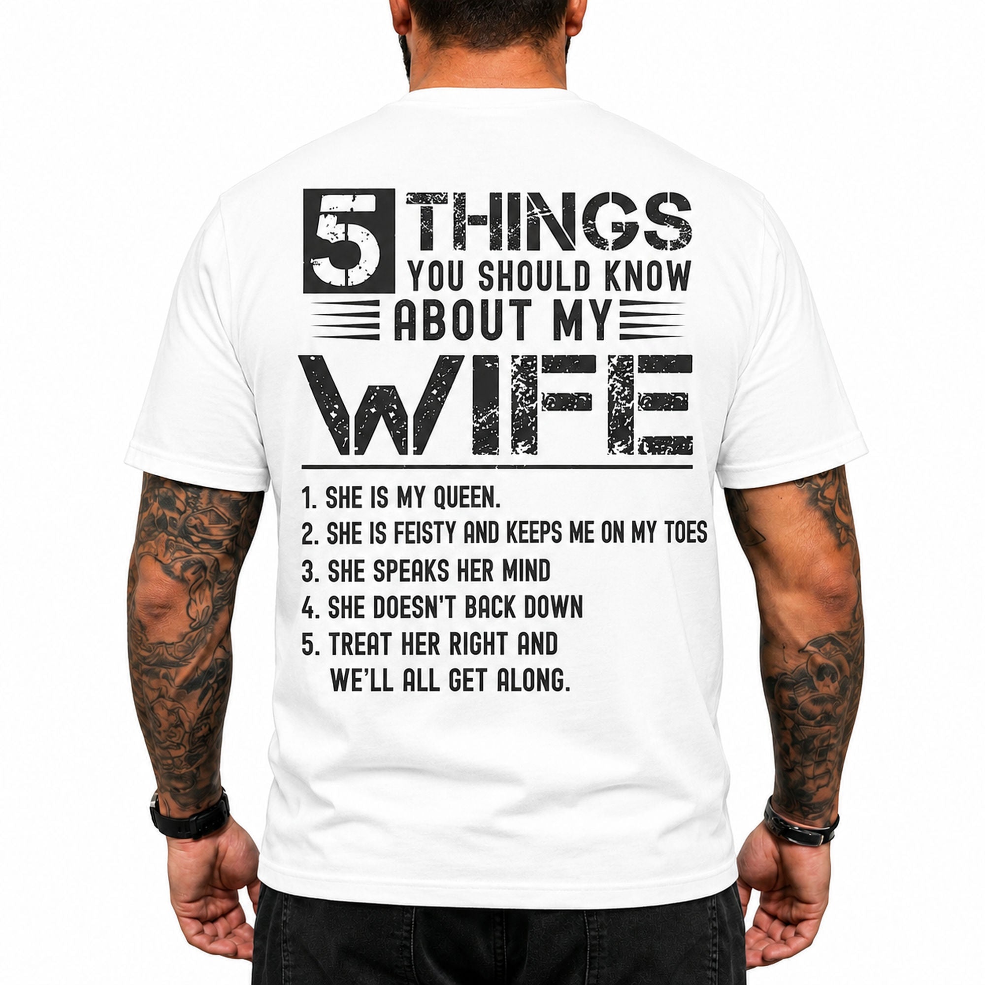 5 Things About My Wife funny back print graphic tee white back model