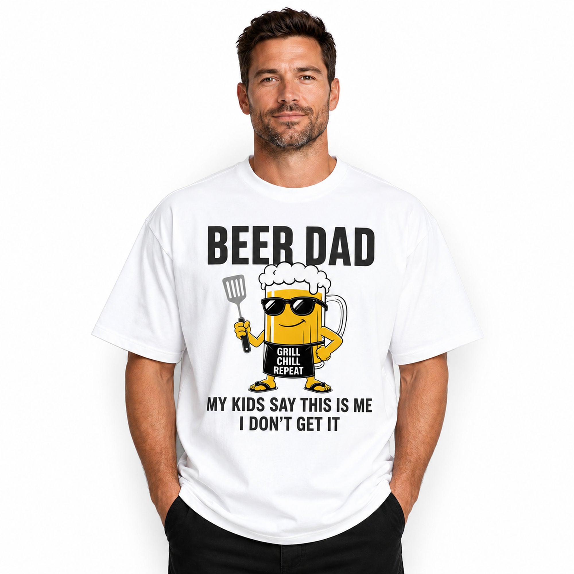 Beer Dad Grill Chill Repeat funny dad graphic tee white front model