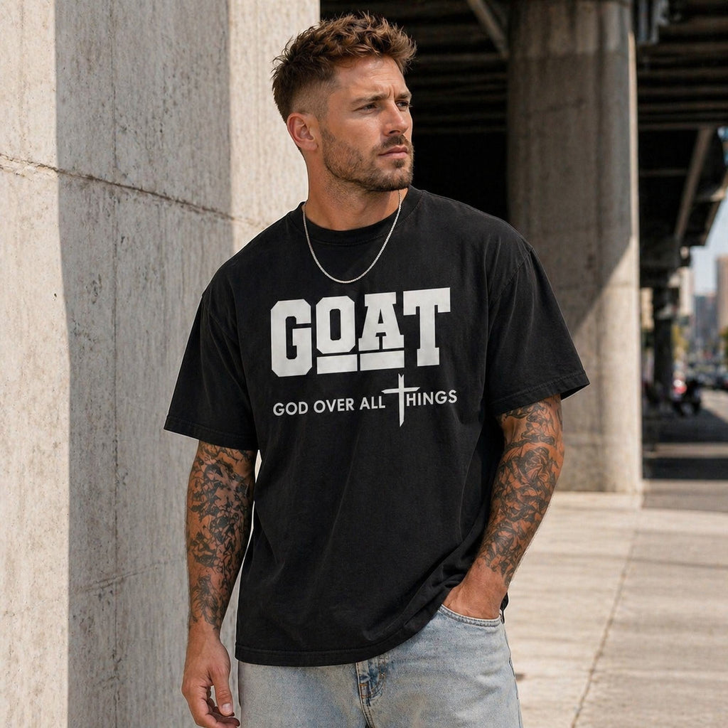 GOAT God Over All Things Faith Graphic Tee front print product photo 02 | Diya Glow