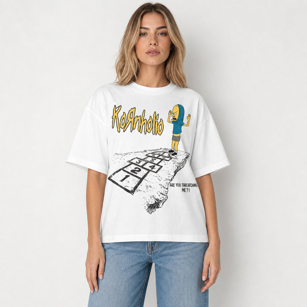 White Kornholio hopscotch funny graphic tee front print female model