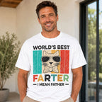 World's Best Farter I Mean Father funny cat dad graphic tee white front male model