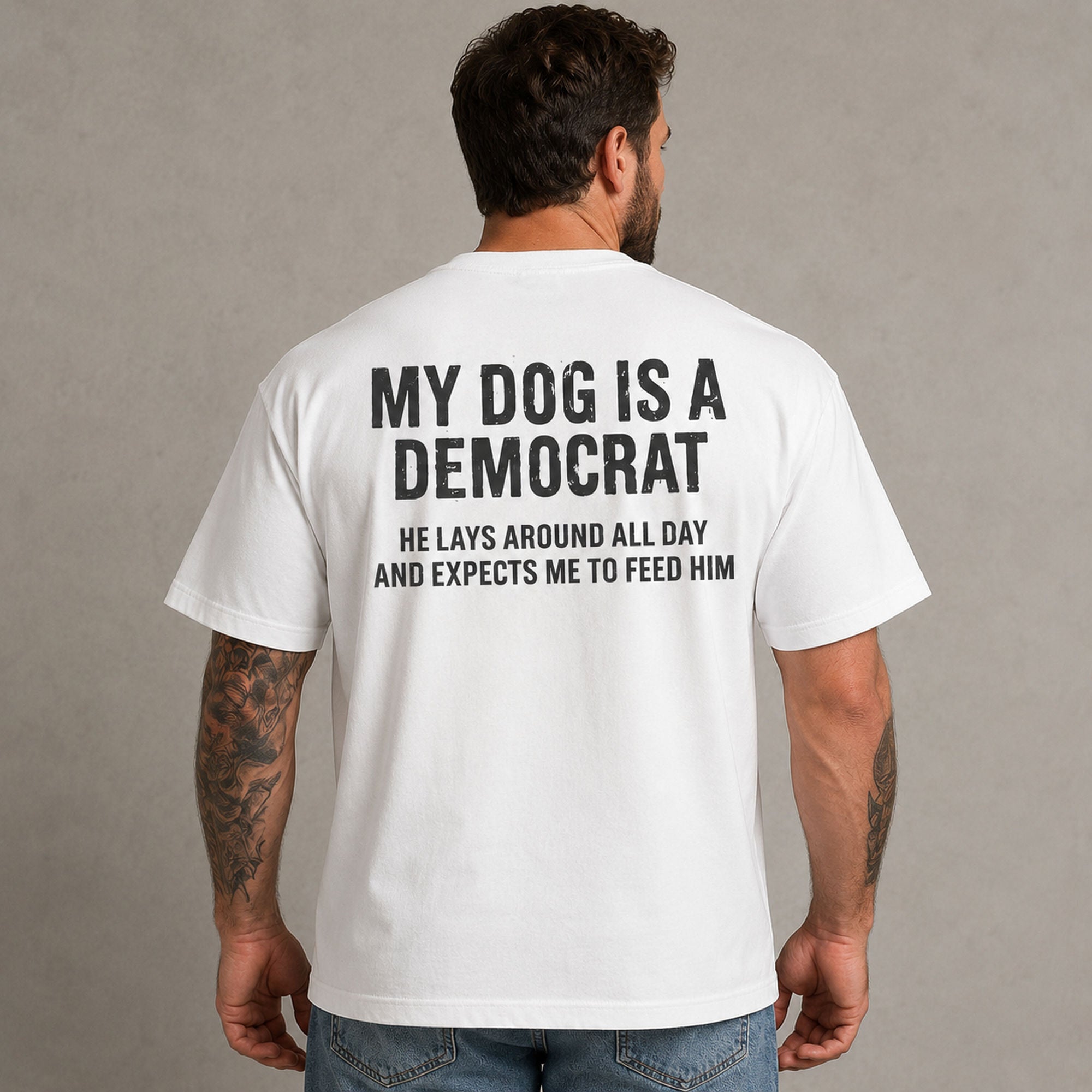 My Dog Is A Democrat funny political dog graphic tee white back model