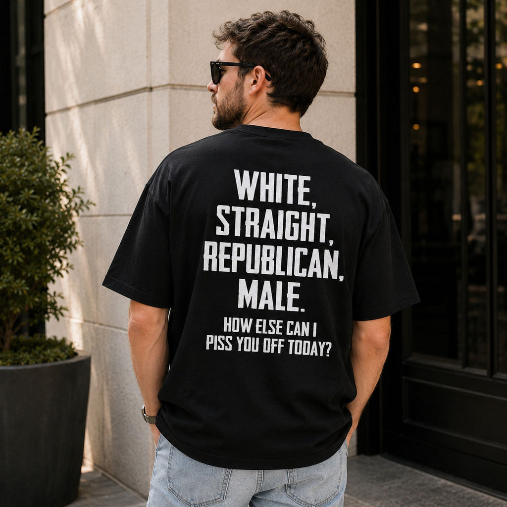 White Straight Republican Male Funny Graphic Tee front print product photo 02 | Diya Glow