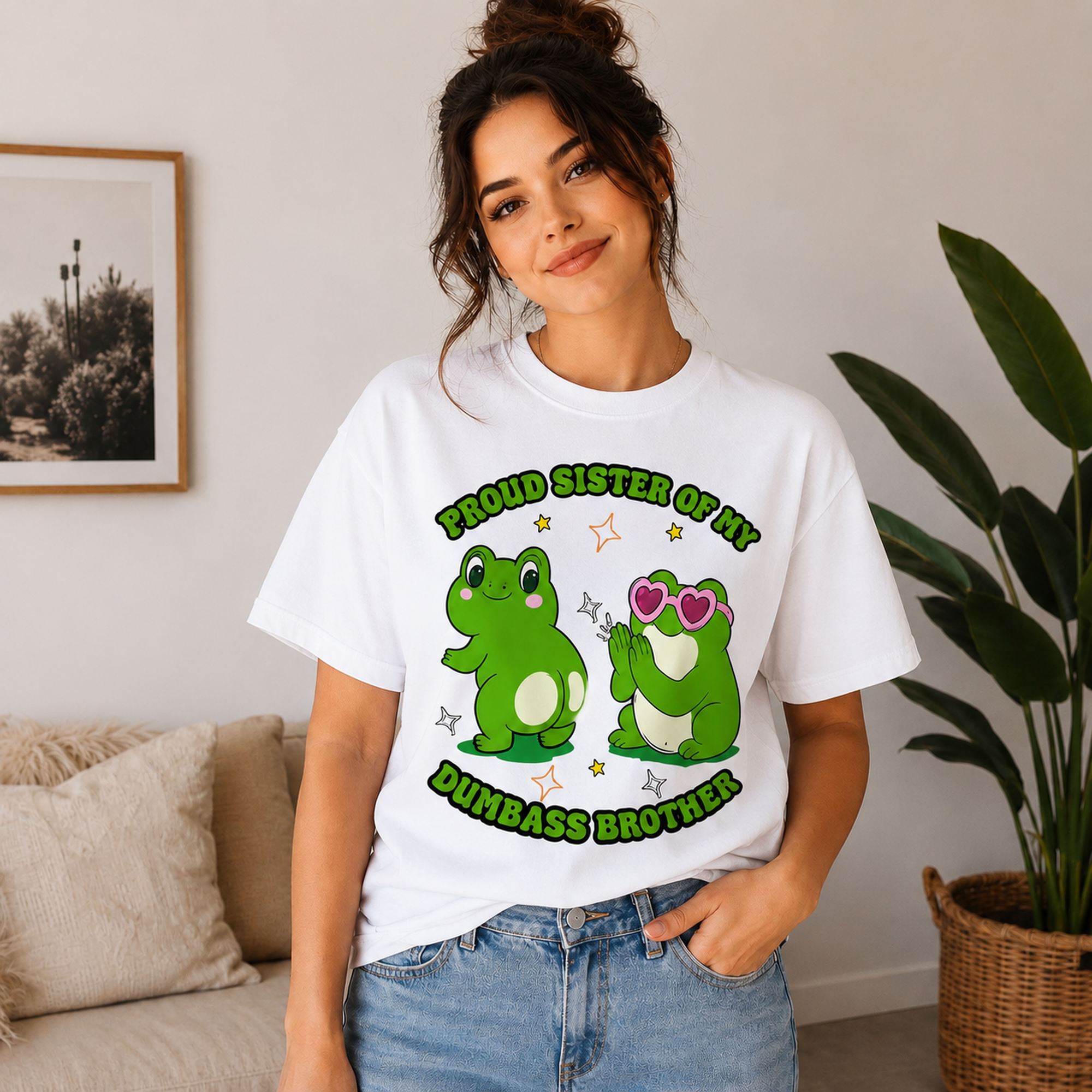 Proud Sister Brother funny frog graphic tee white front print lifestyle model