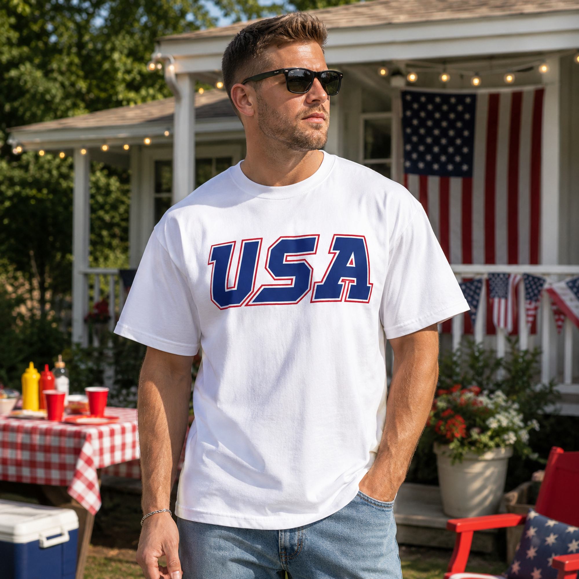 USA patriotic Fourth of July graphic tee white front model