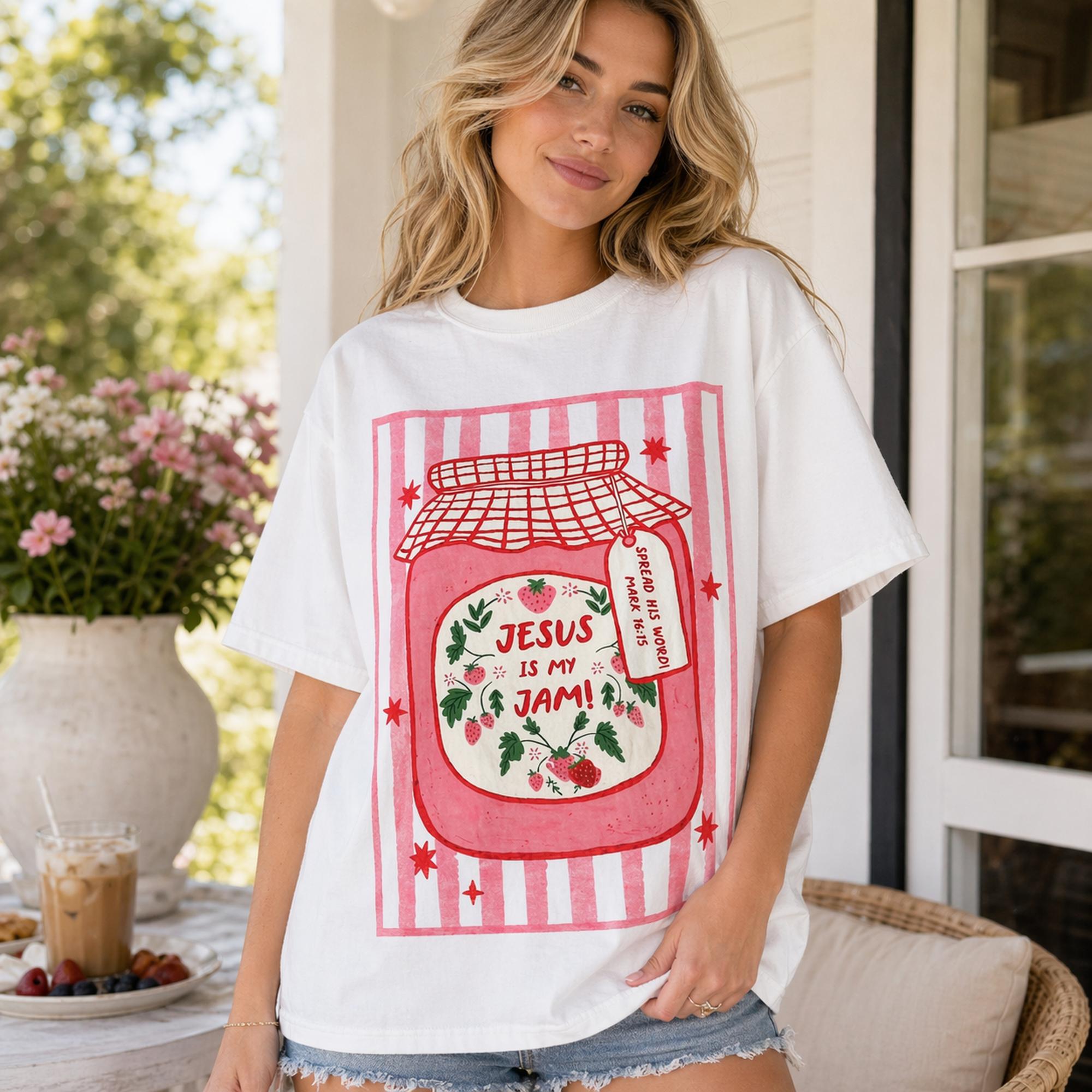 Jesus Is My Jam Faith Graphic Tee front print product photo 02 | Diya Glow