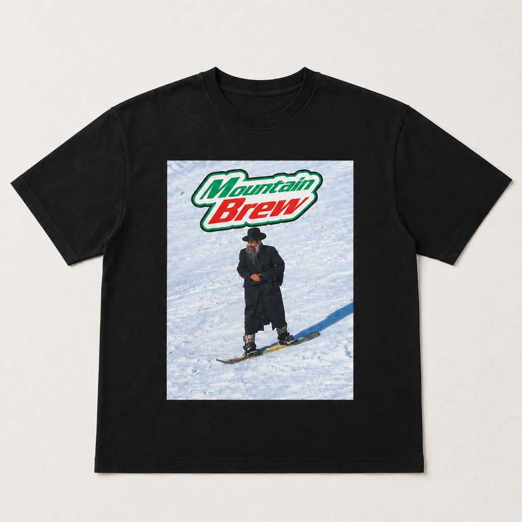 Mountain Brew funny ski meme graphic tee black front flat lay