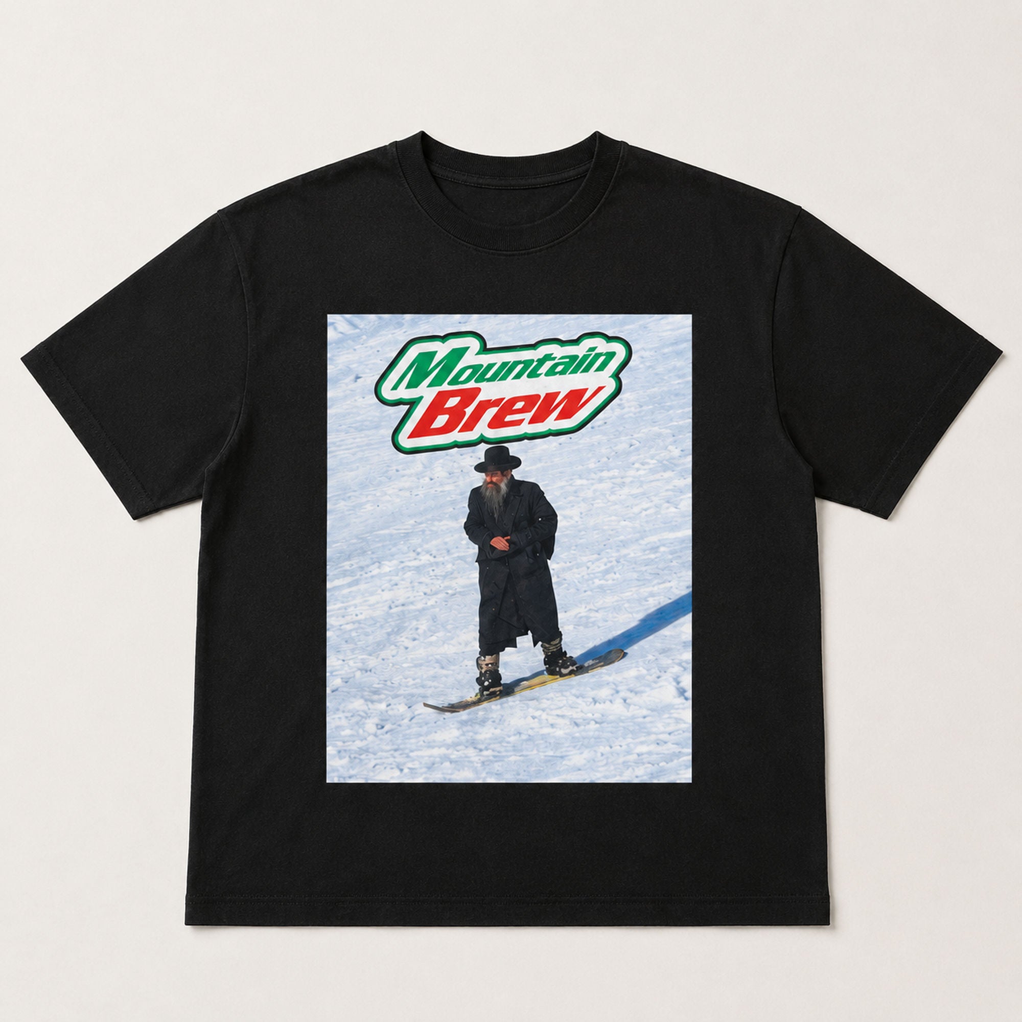 Mountain Brew funny ski meme graphic tee black front flat lay