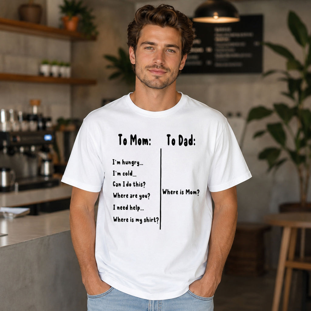 To Mom To Dad Where Is Mom funny parenting graphic tee white front male model