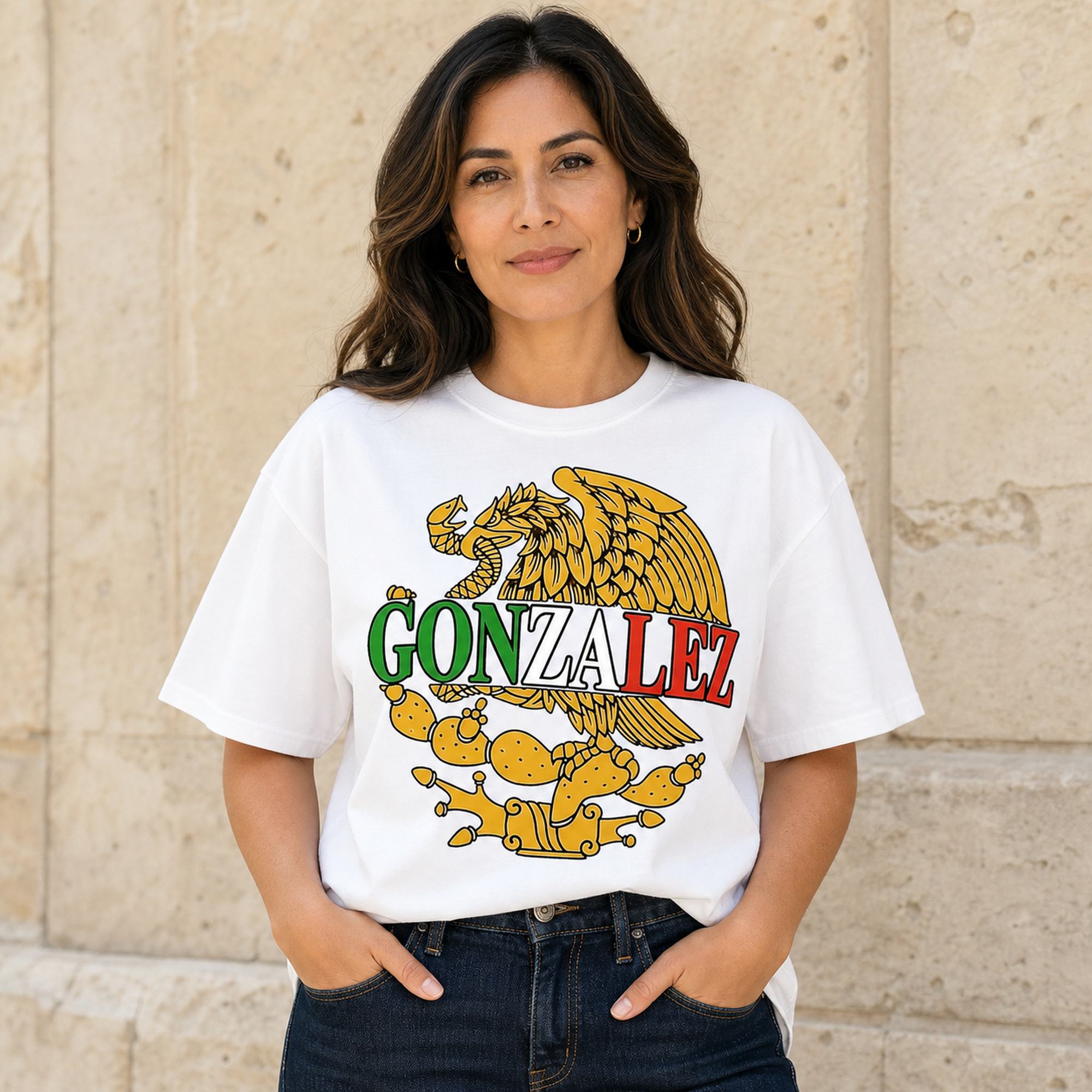 White Gonzalez Mexican heritage eagle graphic tee front print female model