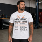 Mechanic Hourly Rate funny mechanic graphic tee white front print male model
