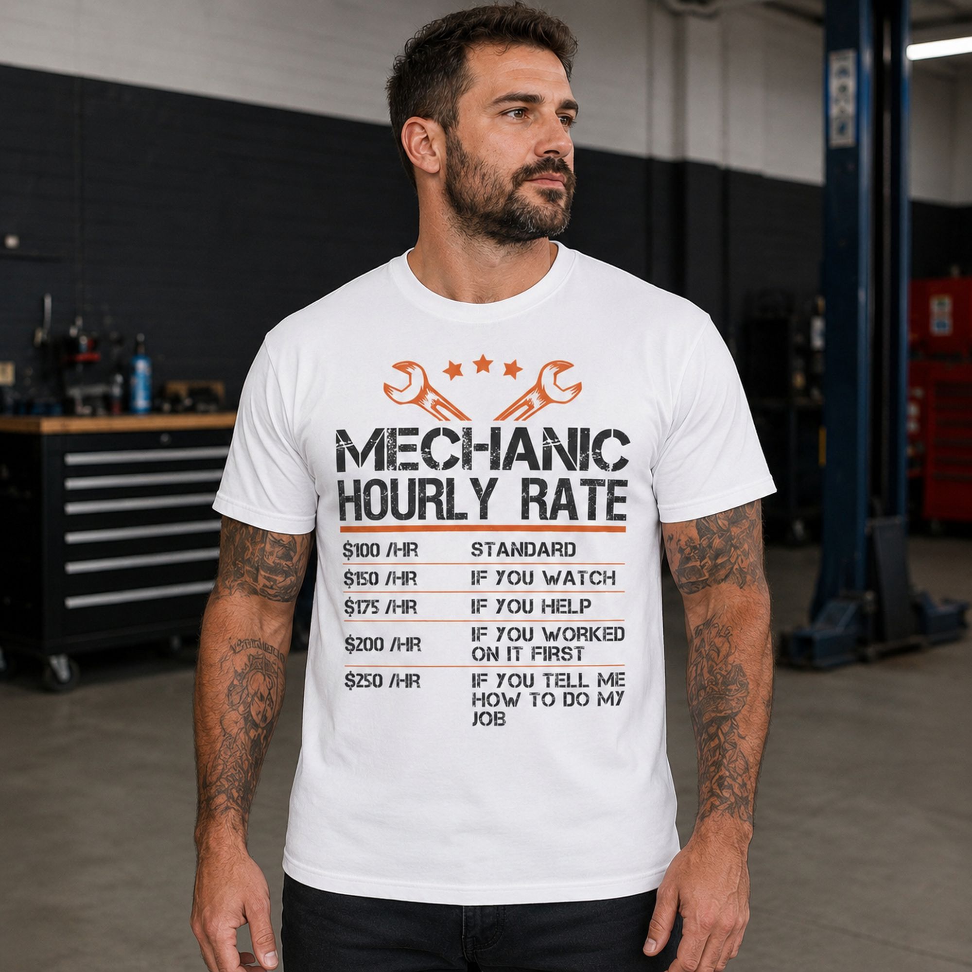 Mechanic Hourly Rate funny mechanic graphic tee white front print male model