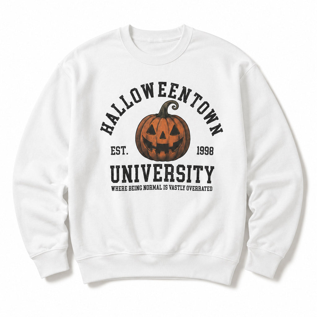 Halloweentown University pumpkin graphic sweatshirt white flat lay front view