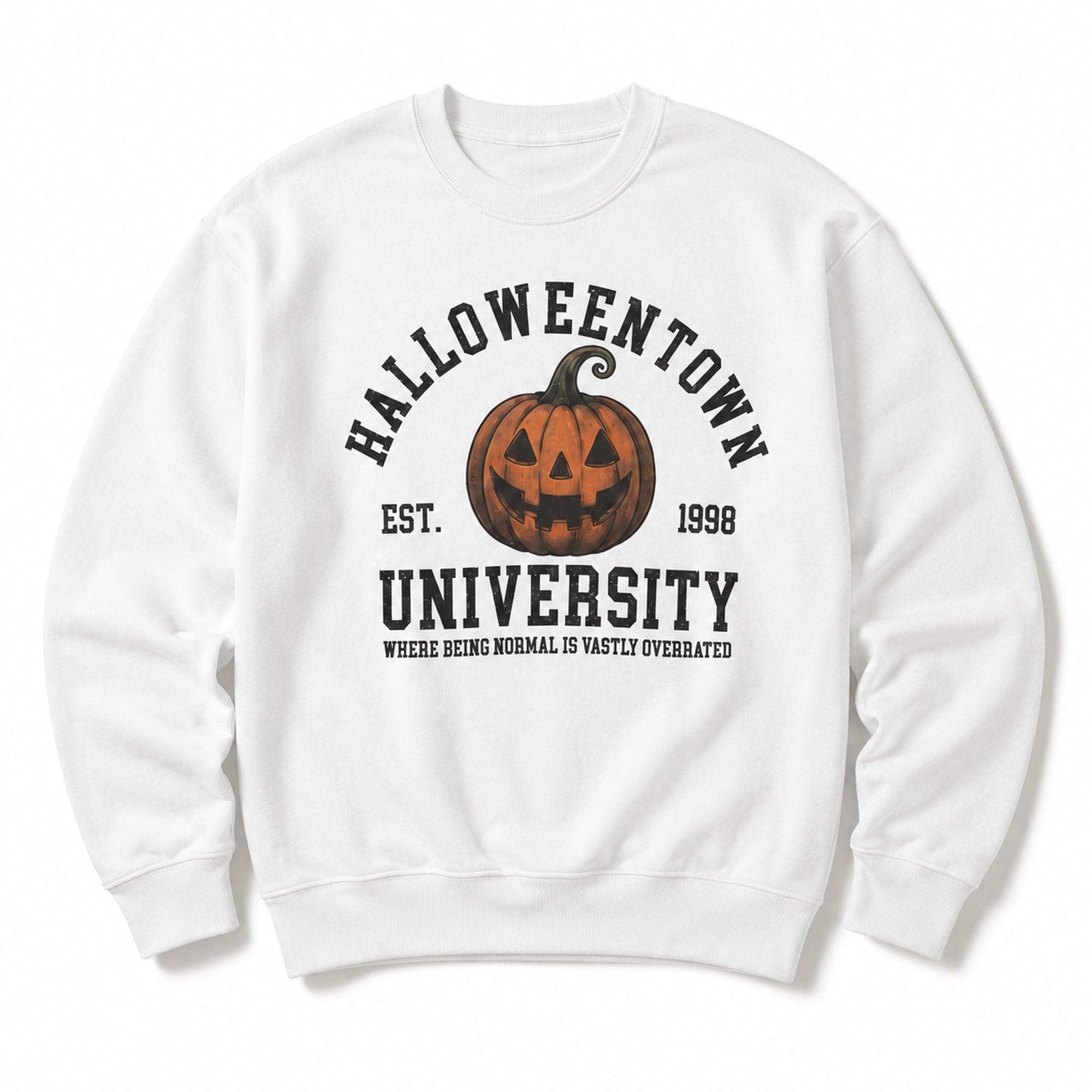Halloweentown University pumpkin graphic sweatshirt white flat lay front view