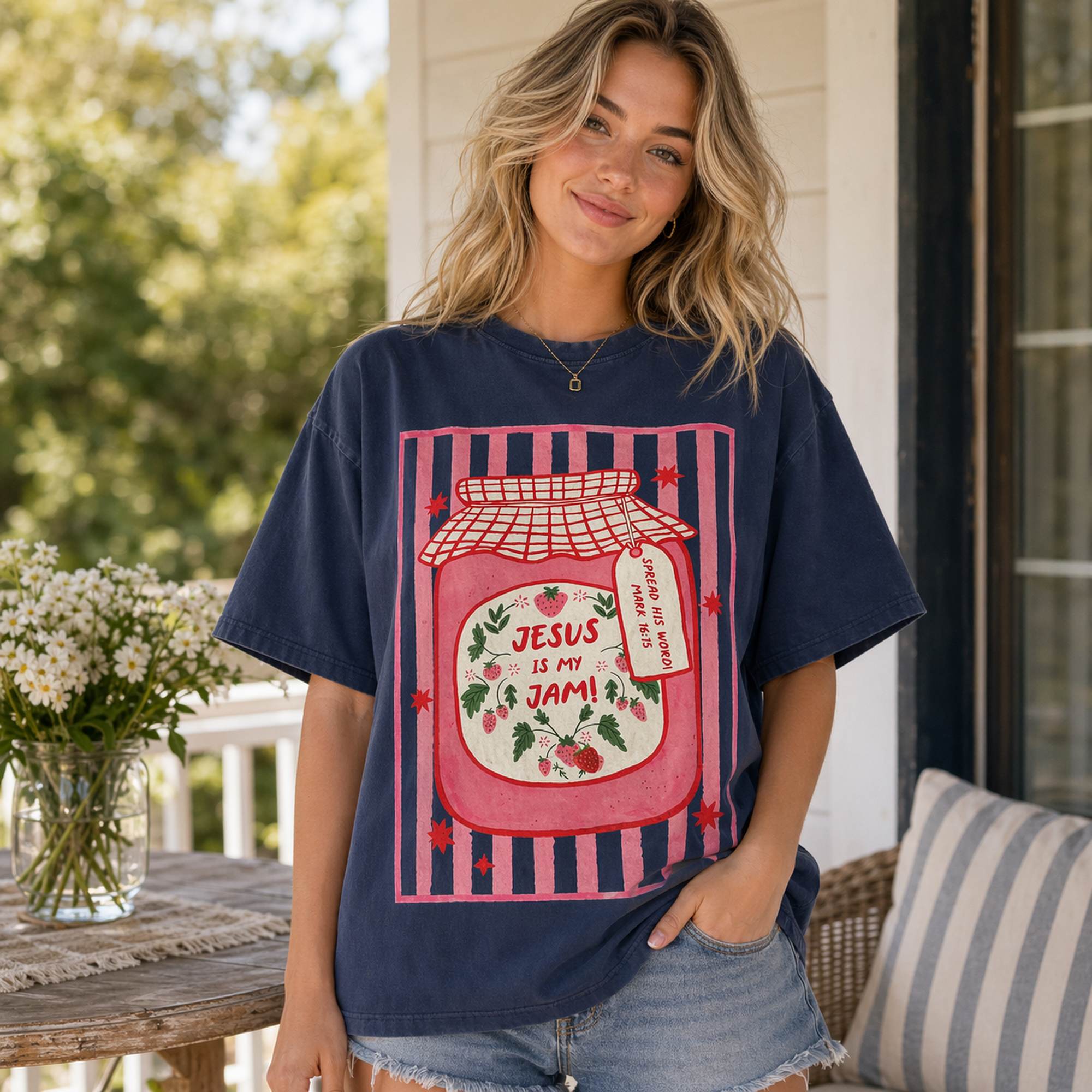 Jesus Is My Jam Faith Graphic Tee front print product photo 03 | Diya Glow