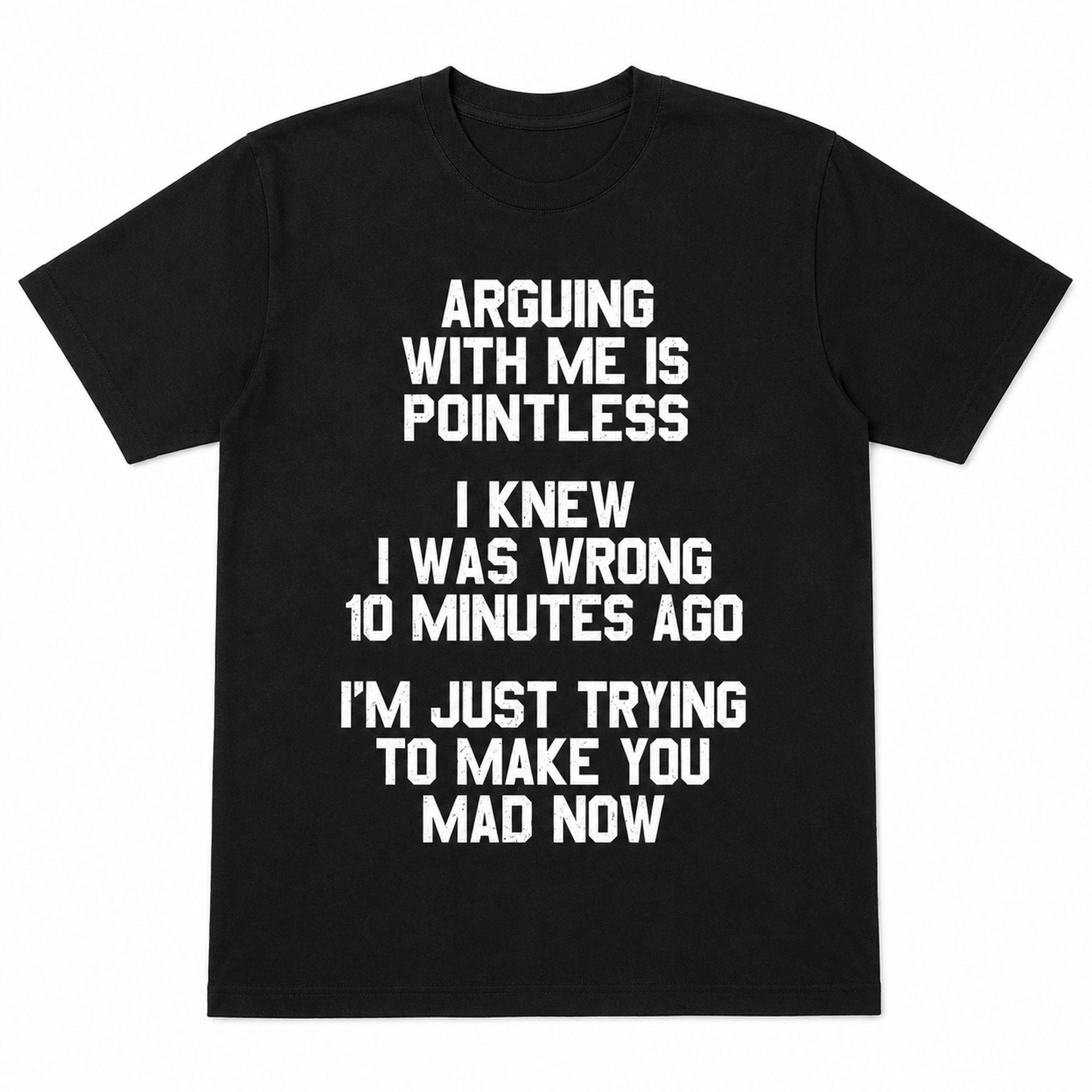Arguing With Me Is Pointless sarcastic graphic tee black front flat lay