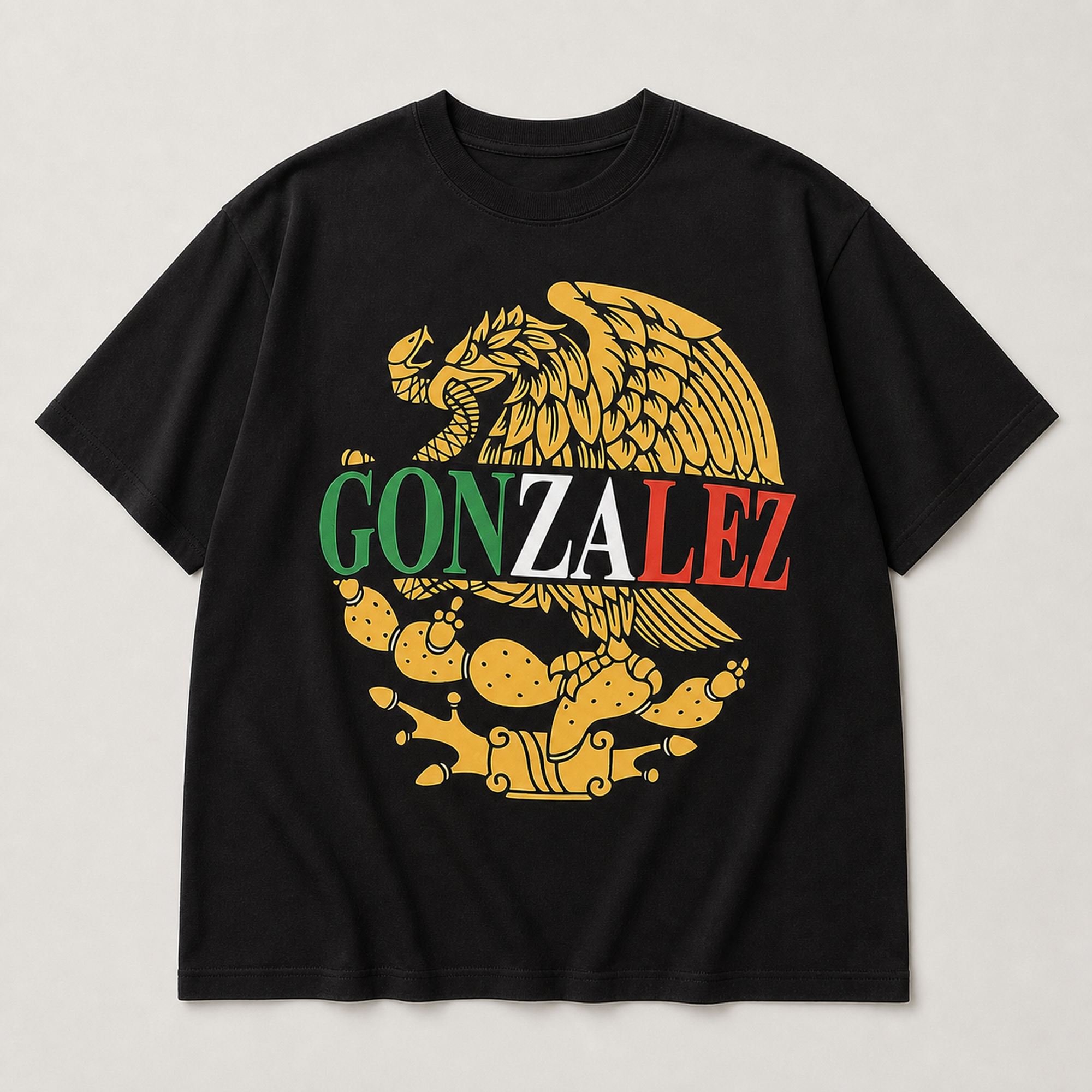 Black Gonzalez Mexican heritage eagle graphic tee full front flat lay