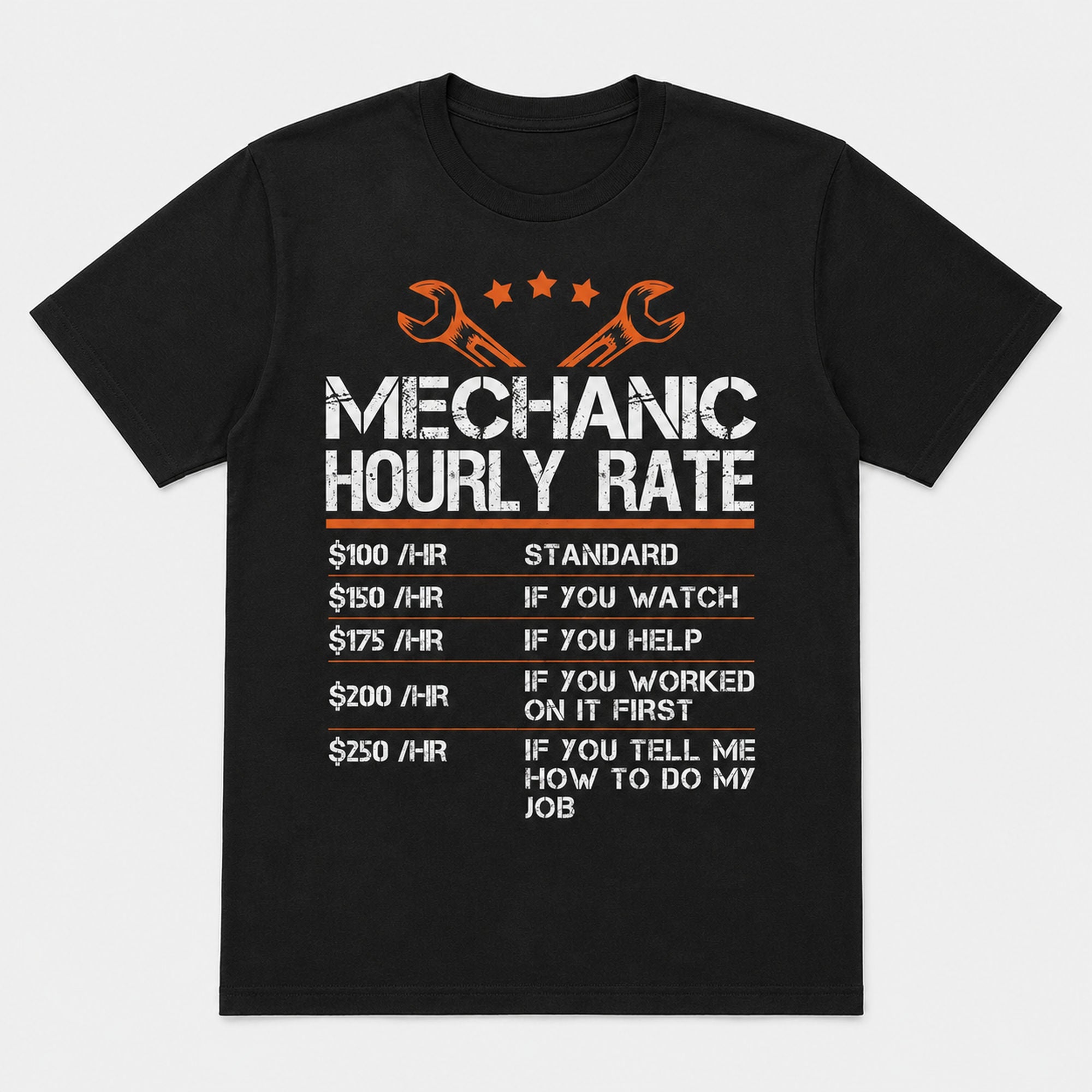 Mechanic Hourly Rate funny mechanic graphic tee black front print flat lay