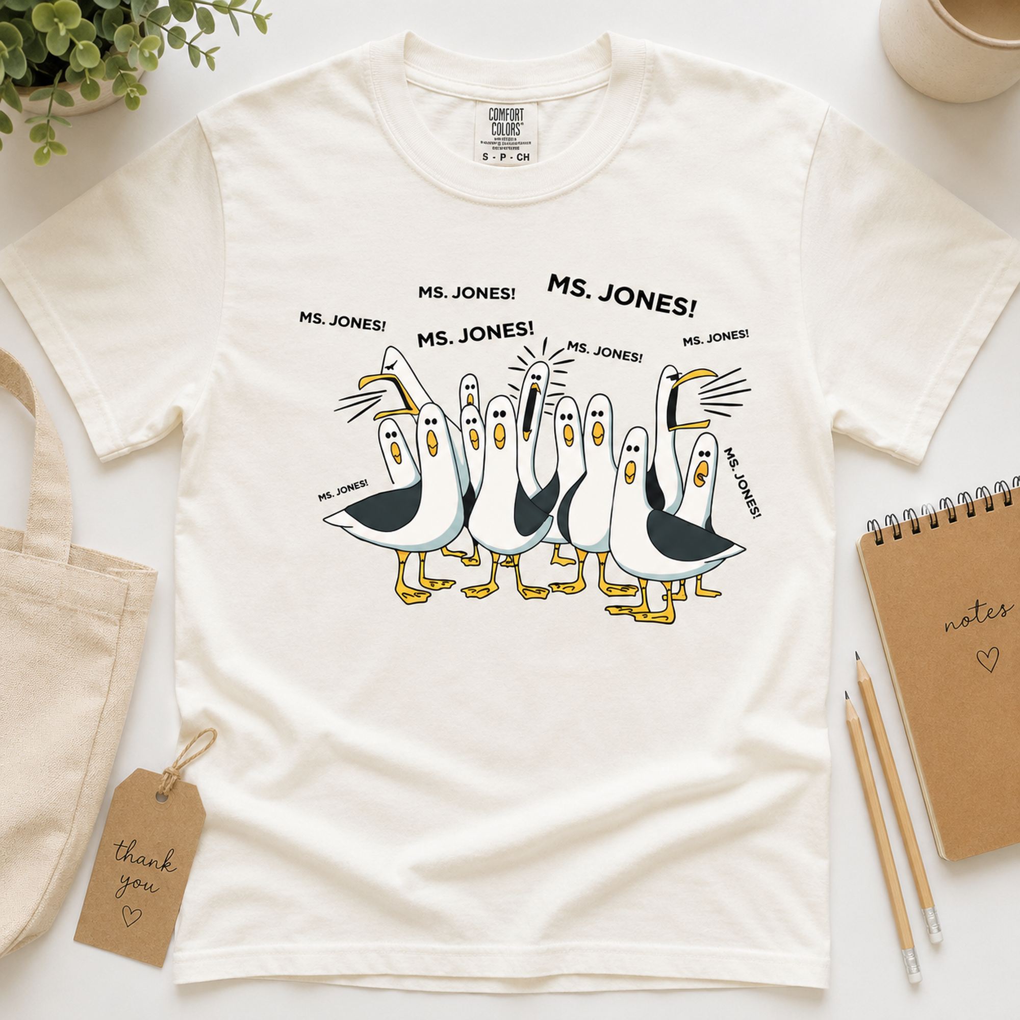 Ms Jones Seagull Teacher Funny Graphic Tee front print product photo 03 | Diya Glow