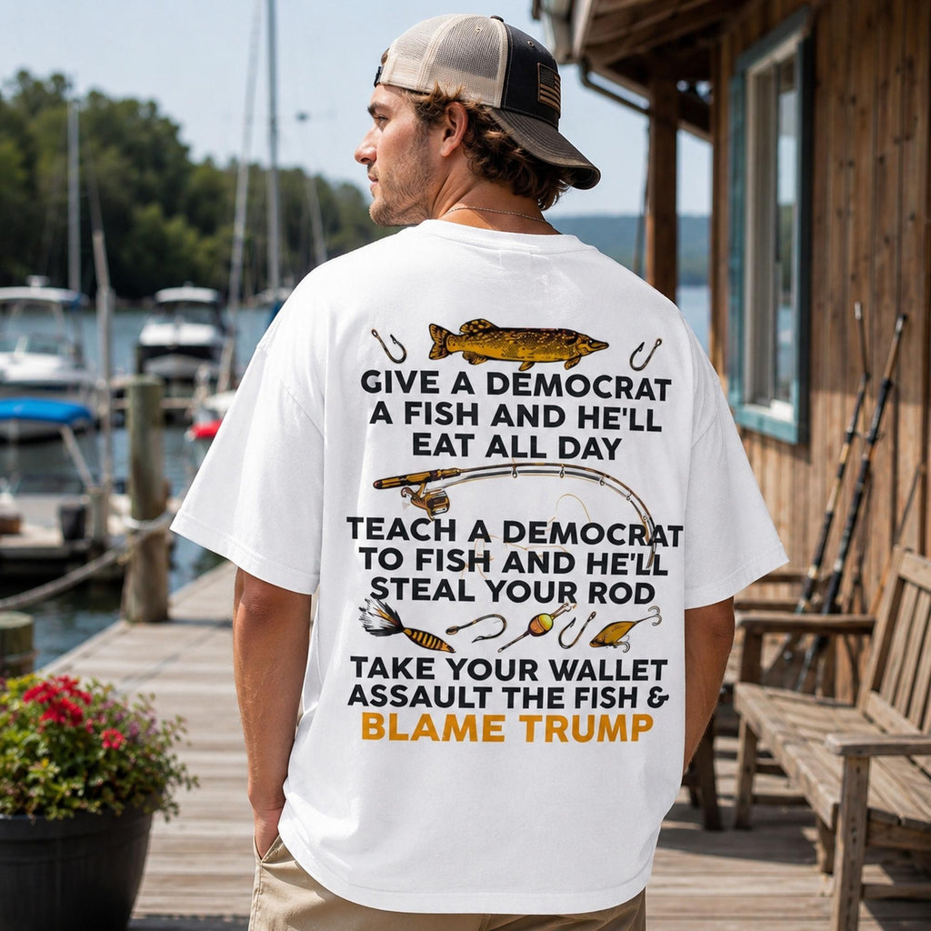 Give A Democrat A Fish Funny Graphic Tee front print product photo 03 | Diya Glow