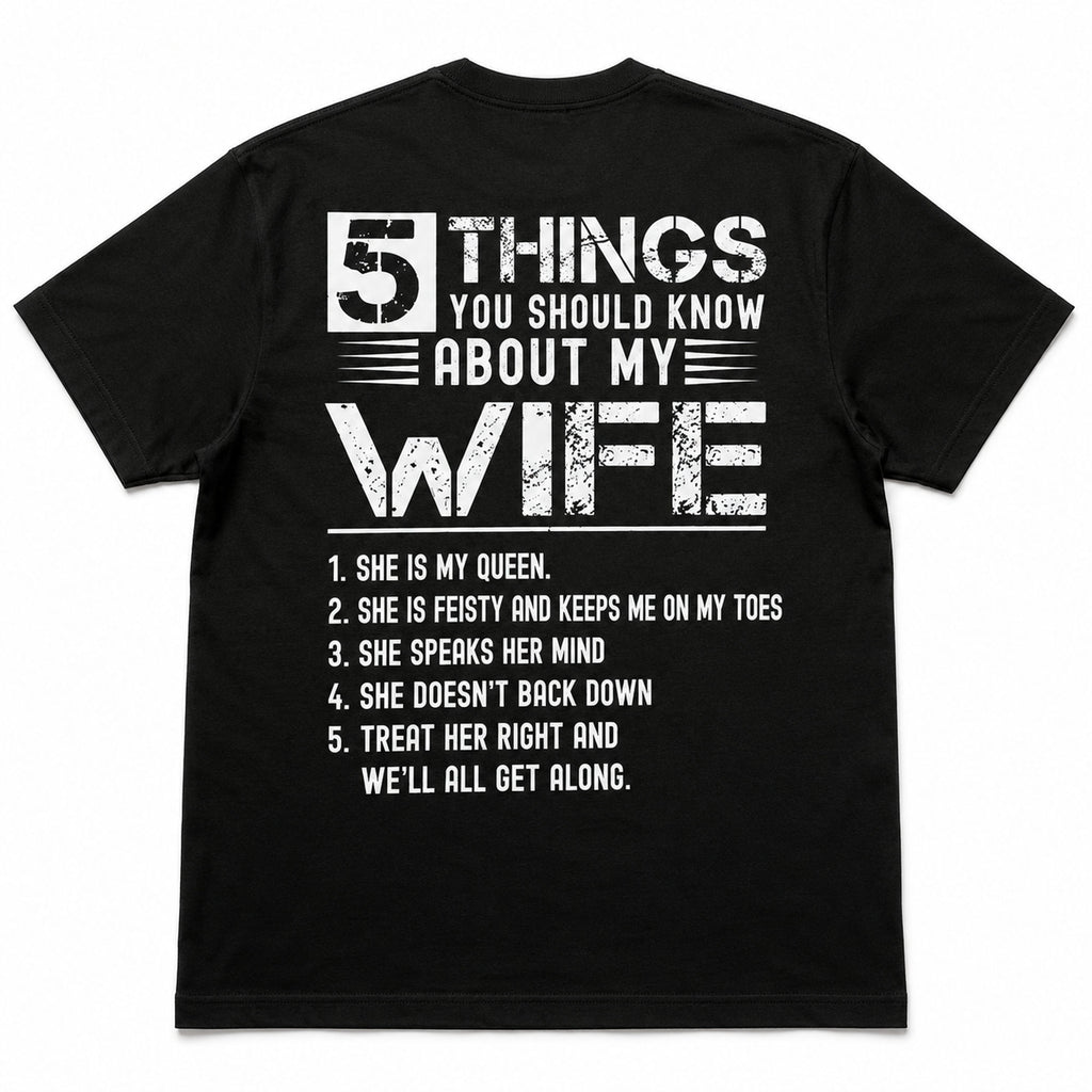 5 Things About My Wife funny back print graphic tee black back flat lay