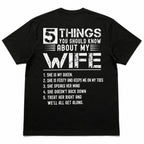 5 Things About My Wife funny back print graphic tee black back flat lay