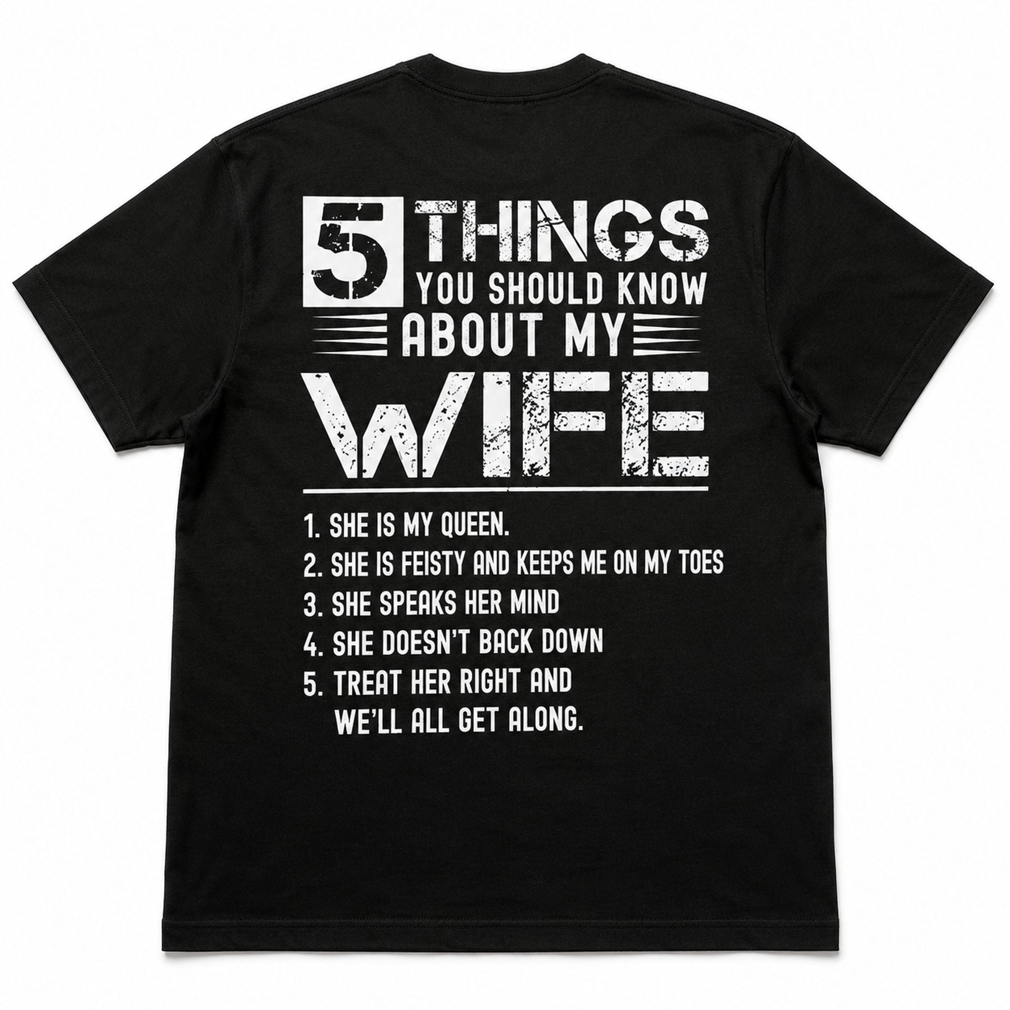 5 Things About My Wife funny back print graphic tee black back flat lay