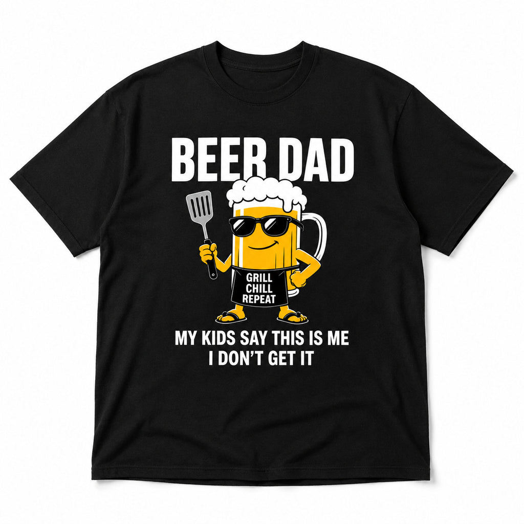 Beer Dad Grill Chill Repeat funny dad graphic tee black front flat lay