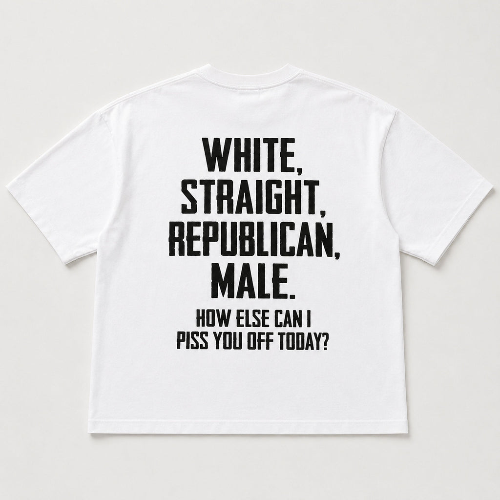 White Straight Republican Male Funny Graphic Tee front print product photo 03 | Diya Glow